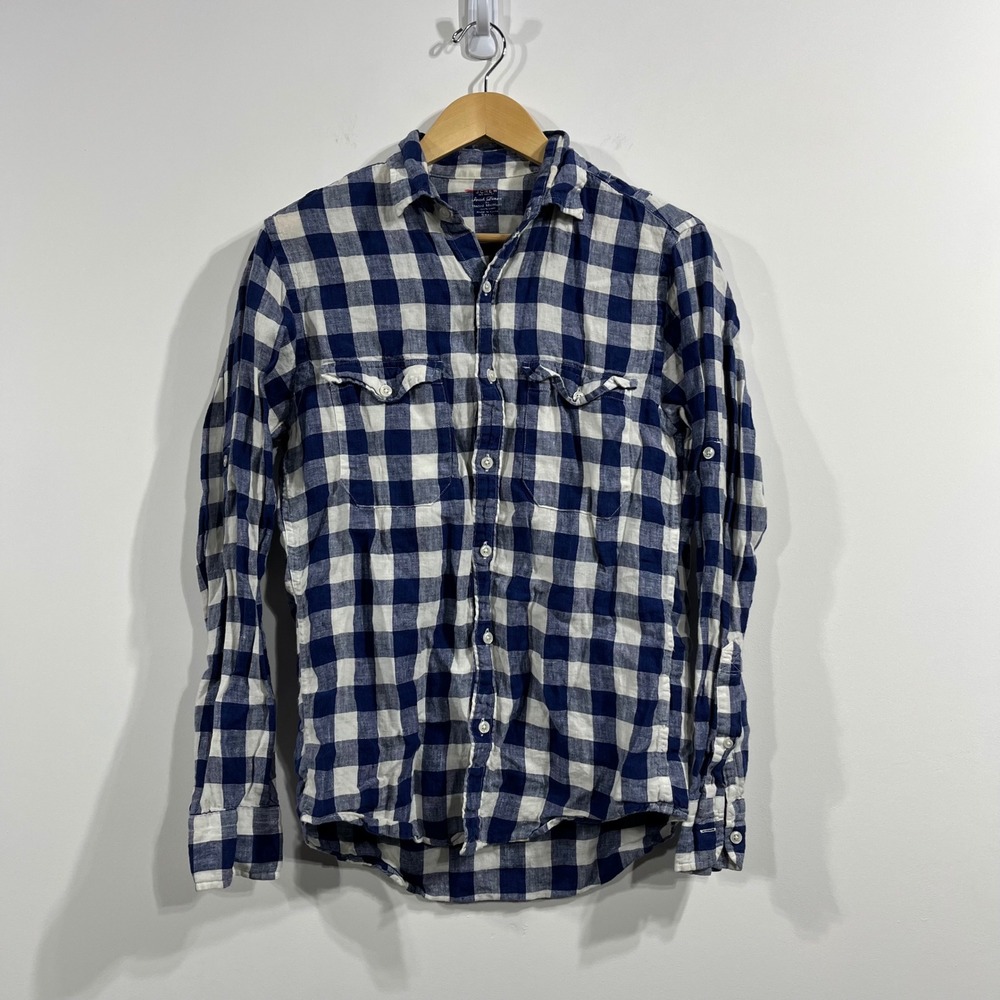 J.Crew Baird McNutt Irish Linen Shirt Preppy Mens Small Plaid Coastal Old Money